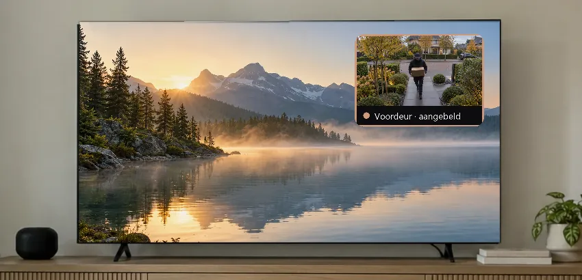 Sfeerbeeld: een televisie met een deurbelmelding en het beeld van de voordeur